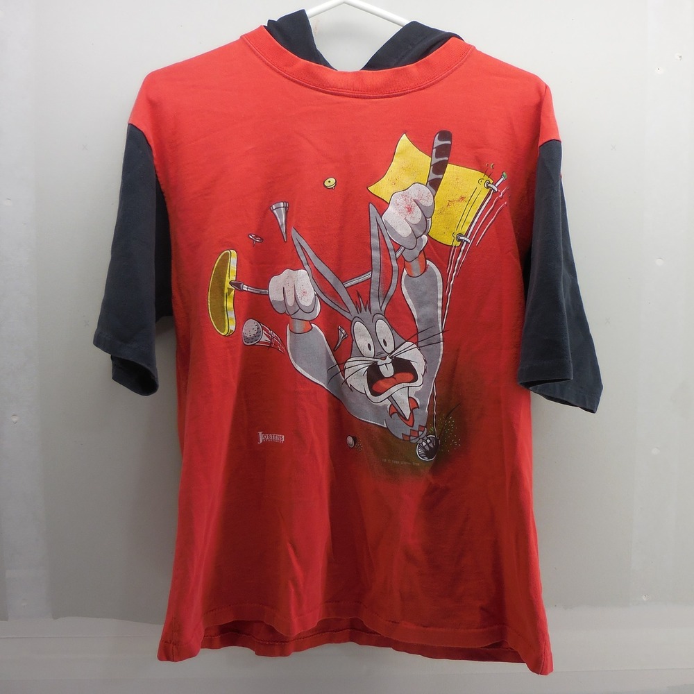 Vintage 1993 Looney Tunes Bugs Bunny Marvin Martian Golf Hooded T-Shirt Red M